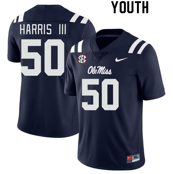 Youth #50 Tres Harris III Ole Miss Rebels College Football Jerseyes Stitched Sale-Navy